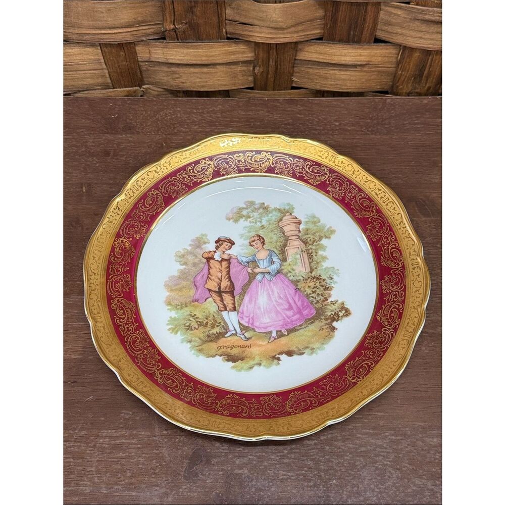 Limoges Gold and Red Decorative Porcelain Plate with Courting Couple